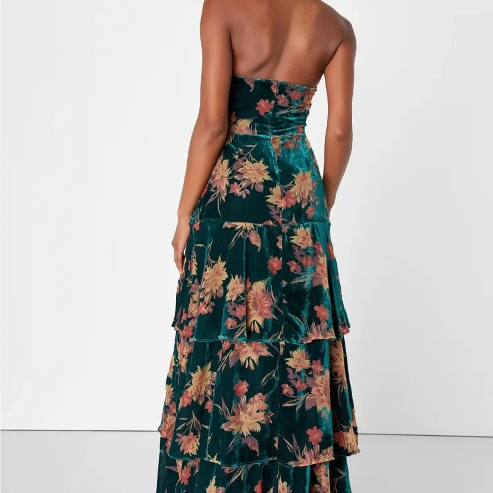 Lulu's Teal Floral Velvet Strapless Maxi Dress - Picture 5 of 16